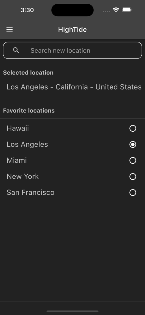 Tela do aplicativo HighTide para pesquisar e gerenciar locais costeiros favoritos.