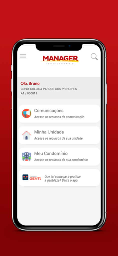 Manager Adm - Manager Adm mobile app dashboard showing resident menu and property management options