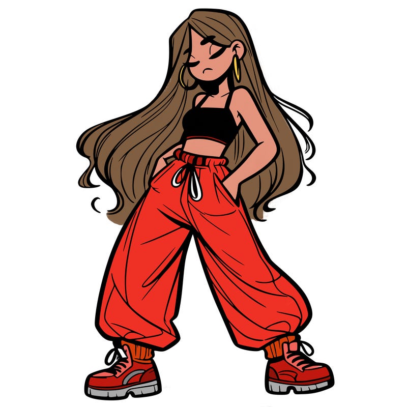 girl in baggy pants crop top and long hair