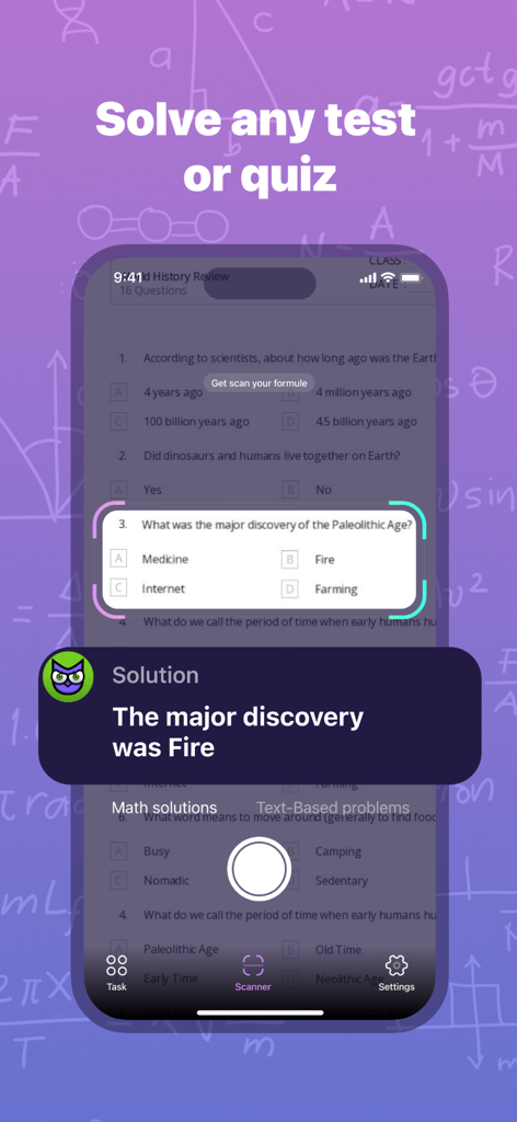 Mobile app interface showing a quiz question being scanned and solved with AI