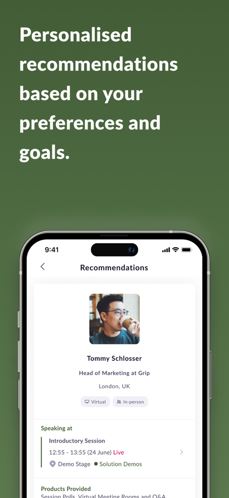 A smartphone displaying personalized networking recommendations in the Mining Indaba 2026 app