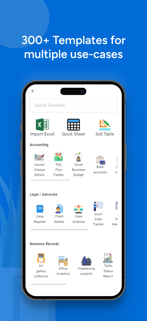 A screenshot of the Table Notes app showing a library of over 300 spreadsheet templates for accounting legal and business records