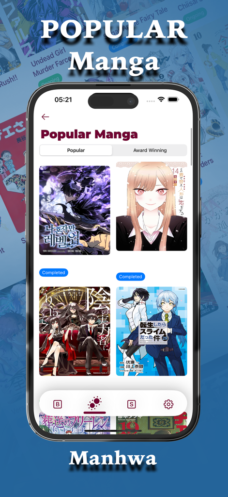 Manga Reader Manwa & Manhua - Un écran mobile montrant une sélection de titres de manga et de manhwa populaires dans l'interface de l'application Manga Reader.