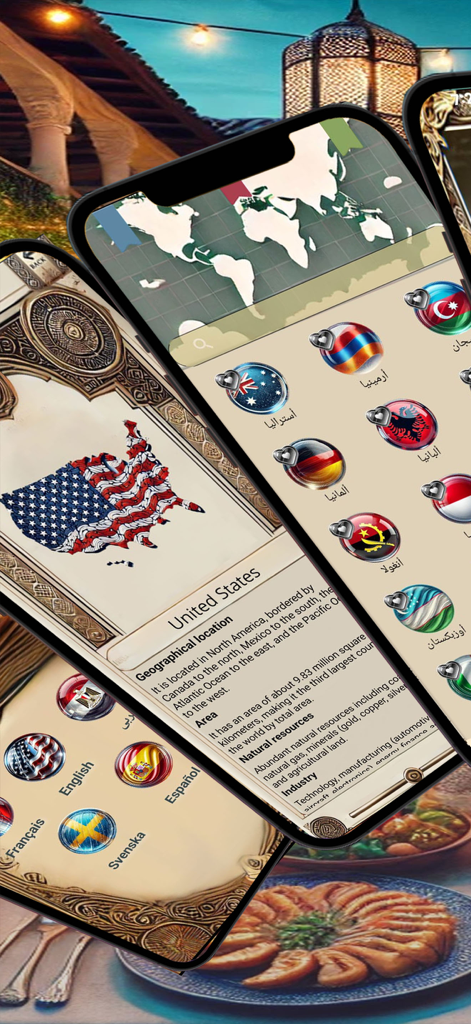 Taste Atlas - Screenshots of the Taste Atlas mobile app showing country profiles and flag icons for global culinary exploration