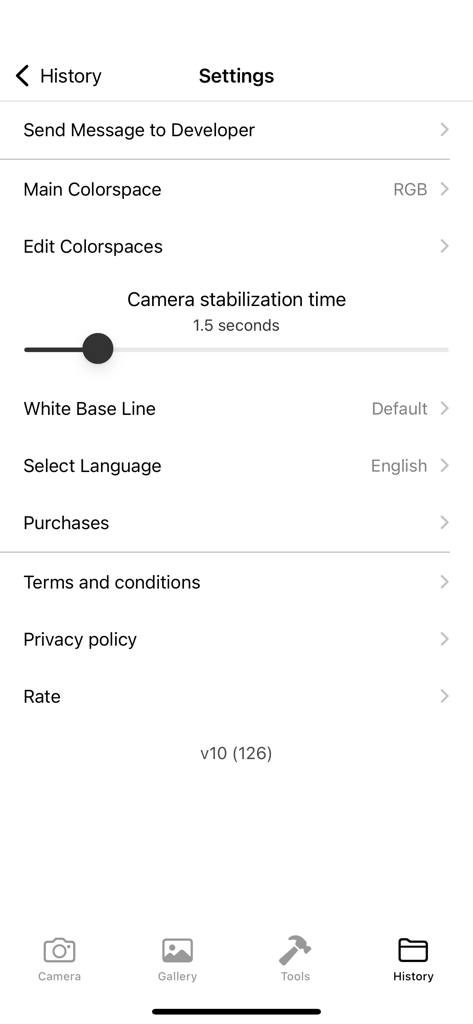 Colorimeter App - Tela de configurações do App Colorímetro mostrando opções de espaço de cor e configurações de estabilização da câmera