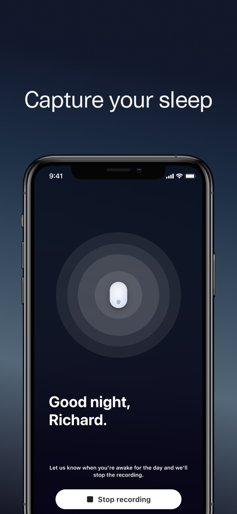 NightOwl Companion - NightOwl Companion app interface showing the sleep capture mode with a stop recording button and a sensor status icon.