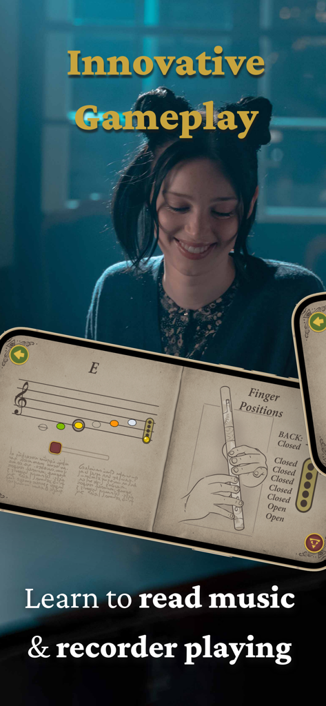 Interface of Magic Flute app showing music notes and recorder finger positions for learning.