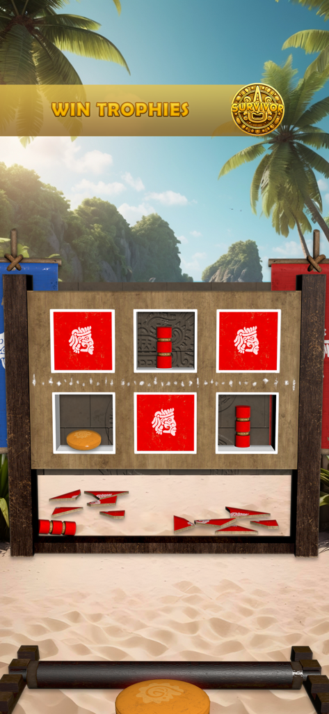 Survivor Duel game screen showing a target board on a tropical beach with Win Trophies text