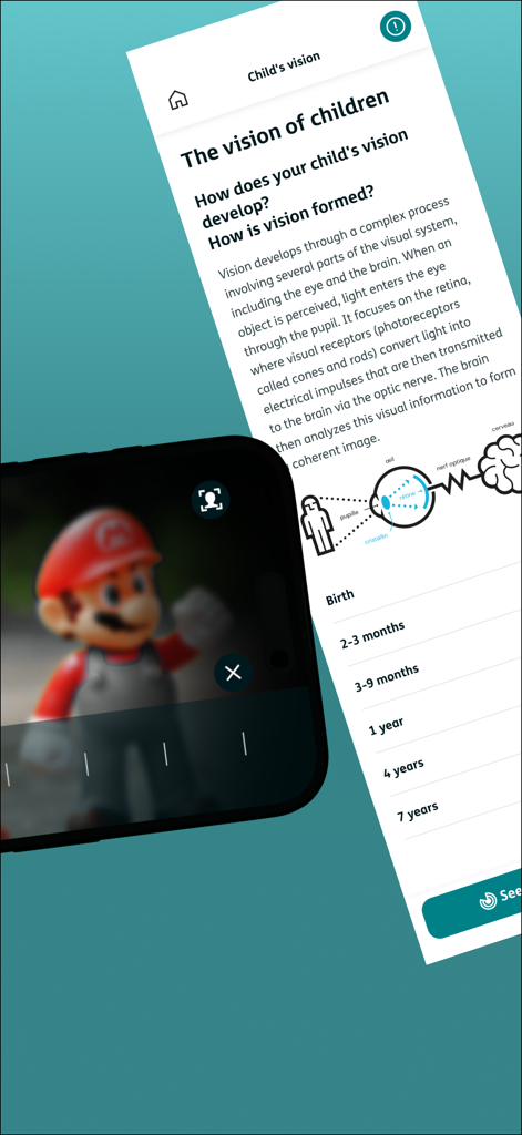 Visions - Bildungsbildschirm der Visions-App, der die Entwicklung der Kindersicht mit einem visuellen Simulator erklärt.