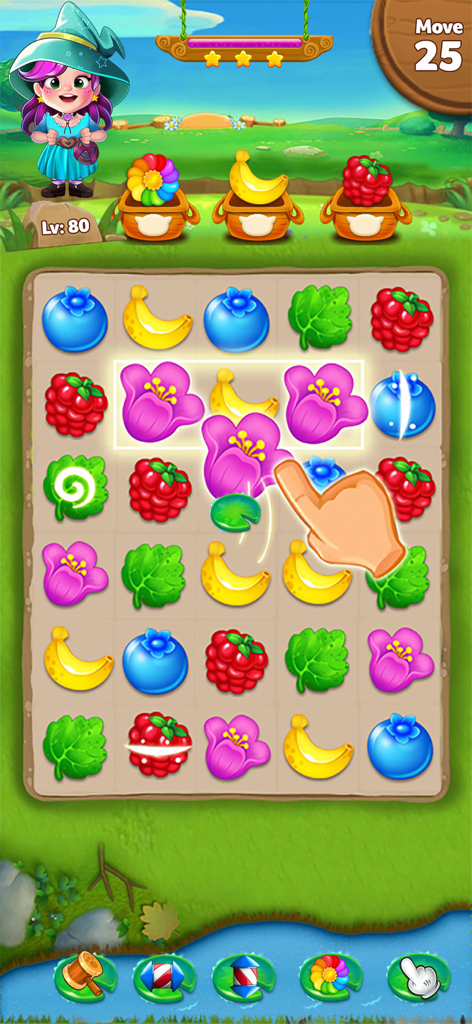 Una mano che crea un abbinamento con fiori rosa su una tavola puzzle a tema frutta in Fruit Crush