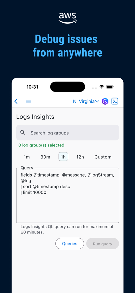 AWS Console mobile app interface showing the Logs Insights query editor for debugging cloud issues on the go