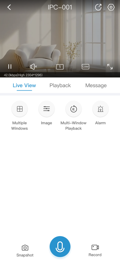 Uniarch Care app interface showing a live security camera feed of a living room with monitoring and alarm controls