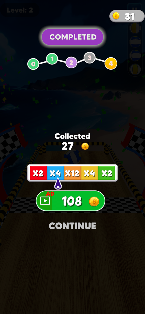 Hit Rolling Ball: Ball Game 3D - A level completion screen in Hit Rolling Ball 3D showing collected coins and a progress map.