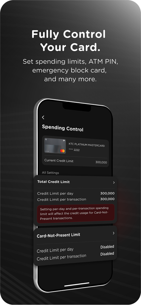 Schermata dell'app KTC Mobile che mostra il controllo della spesa con carta di credito e le impostazioni del limite