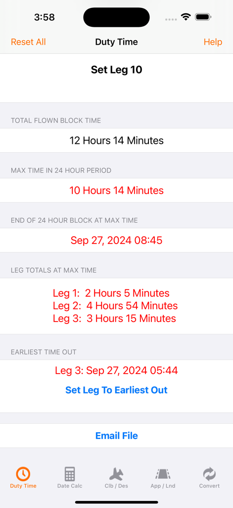 Pilot Duty & Performance Calc - フライトレグの合計とブロックタイムのコンプライアンスを示すパイロットの勤務時間計算画面。