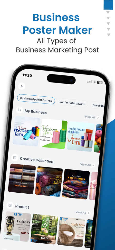 Brands.live - Festival Post - Brands.live app interface showing various business marketing post templates for products and textiles