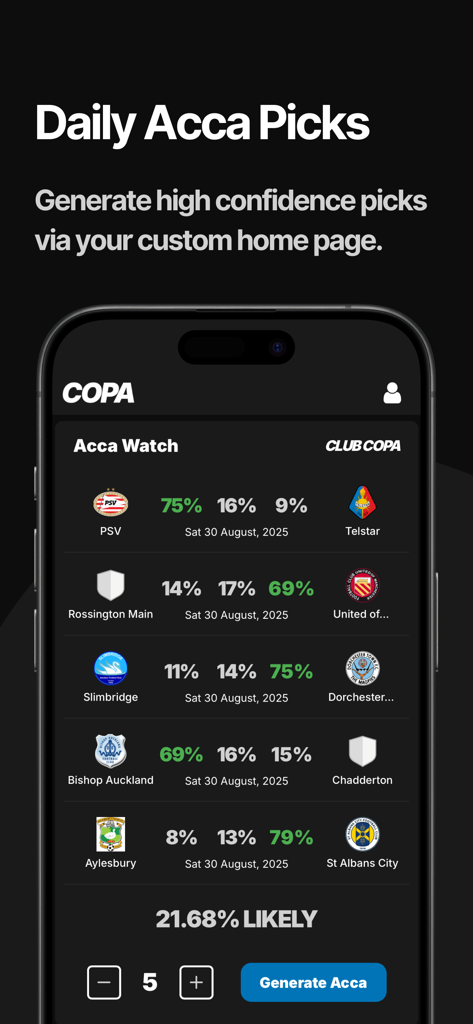 COPA: Football Predictions - Pantalla de la aplicación COPA que muestra predicciones diarias de acumuladores de fútbol y probabilidades de partidos