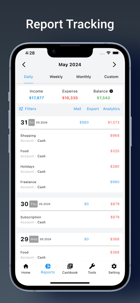 Täglicher Finanzberichtsbildschirm in Money Manager Budget Pro mit Überblick über Einnahmen, Ausgaben und Guthaben