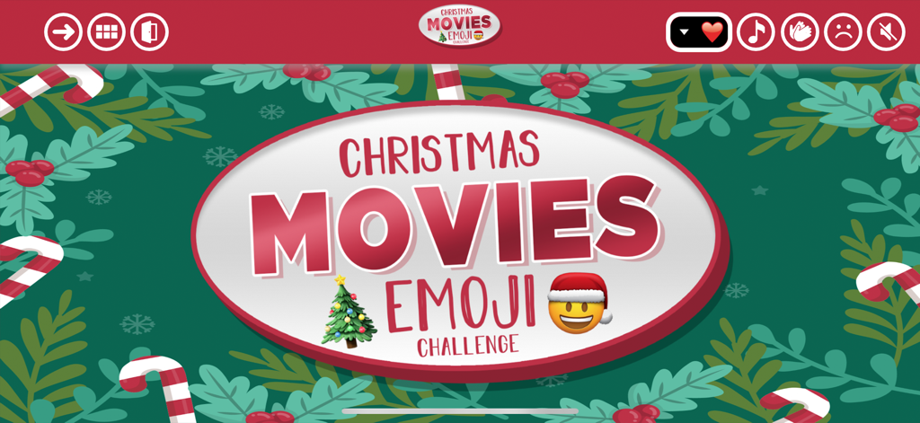 Trivia Maker - Quiz Creator - Pantalla de título para un juego de trivia "Desafío de Emojis de Películas Navideñas" con un fondo festivo navideño y controles de juego