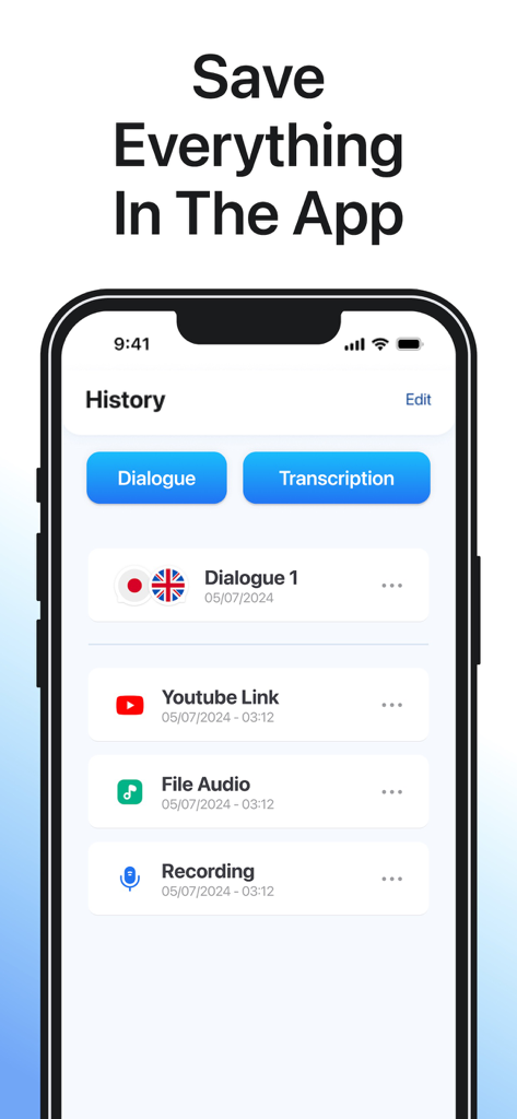 Schermata dello smartphone che mostra la cronologia delle traduzioni salvate, inclusi link YouTube e registrazioni audio nell'app SAY.