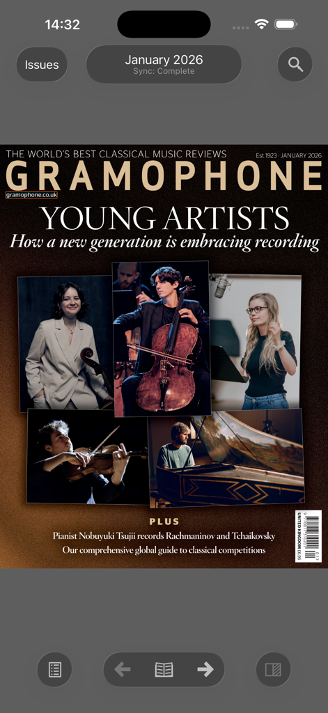 Gramophone Magazine - Interfaccia dell'app Gramophone Magazine che mostra la copertina digitale di gennaio 2026 con giovani artisti classici.