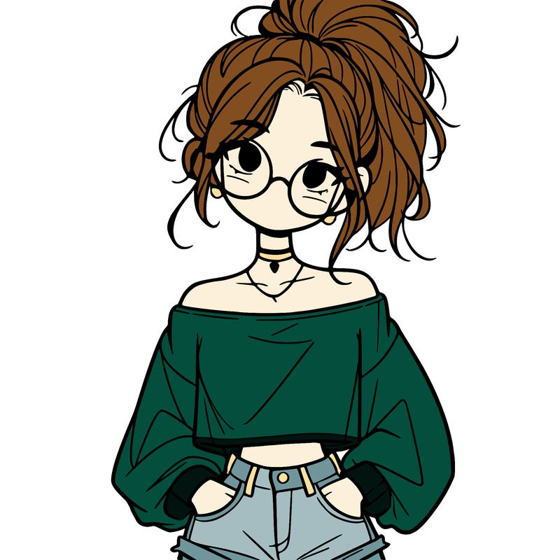 girl with a messy ponytail glasses a baggy crop top and jean shorts