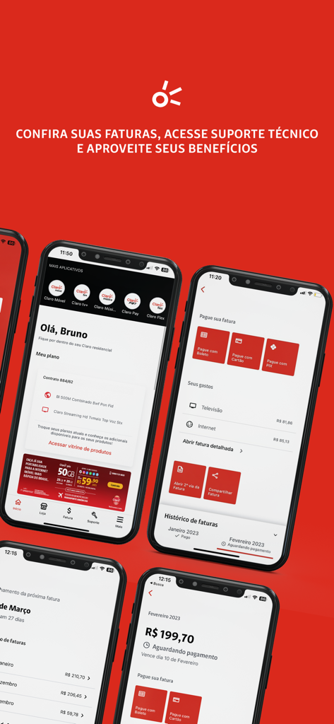 Minha Claro Residencial (NET) - Várias telas de smartphone mostrando o painel de faturamento e suporte técnico do aplicativo Minha Claro Residencial.