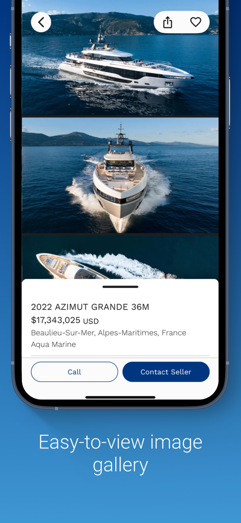 Screenshot dell'app YachtWorld che visualizza un annuncio di yacht di lusso Azimut Grande con una galleria di immagini ad alta risoluzione e opzioni di contatto