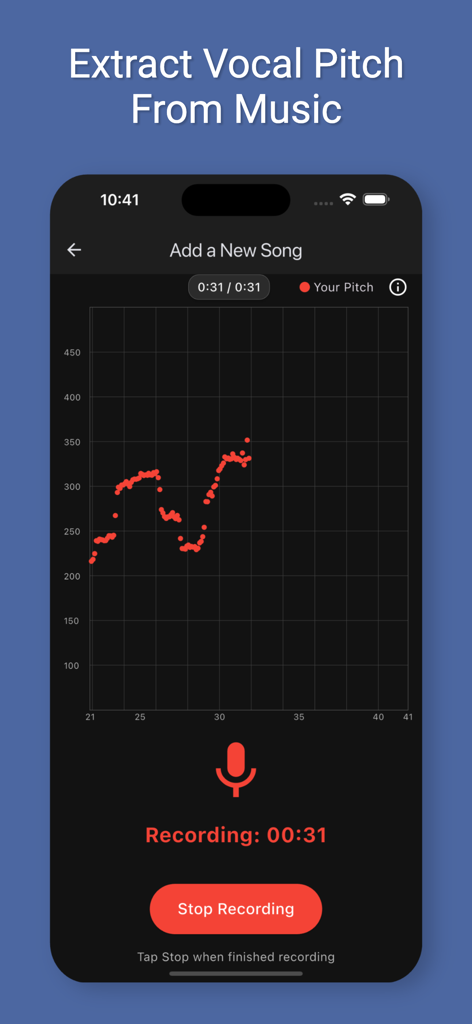 Pitchy - Sing On Pitch - Pitchy app interface displaying real-time vocal pitch tracking on a graph during a recording session