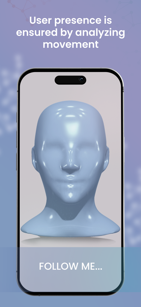 BioID Facial Recognition - Smartphone-Bildschirm mit der BioID Gesichtserkennungs-App, die die Liveness-Erkennung mit einem 3D-Kopfmodell demonstriert.