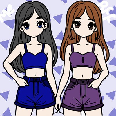 two sisters with crop tops and jean shorts and straight hair
