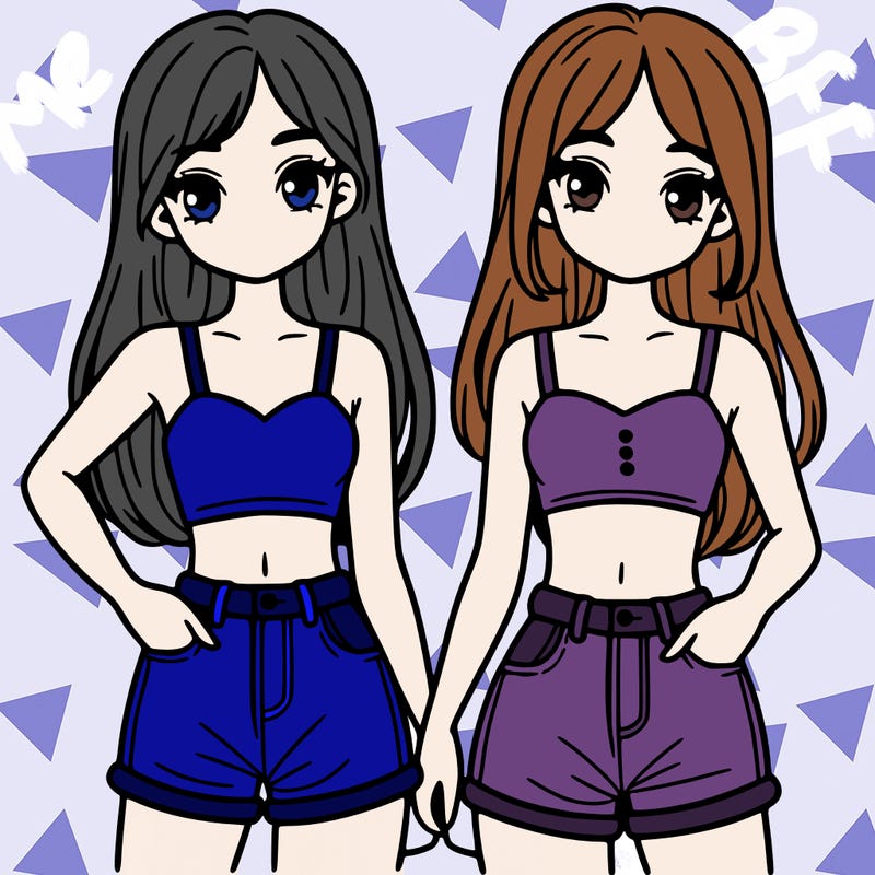 two sisters with crop tops and jean shorts and straight hair