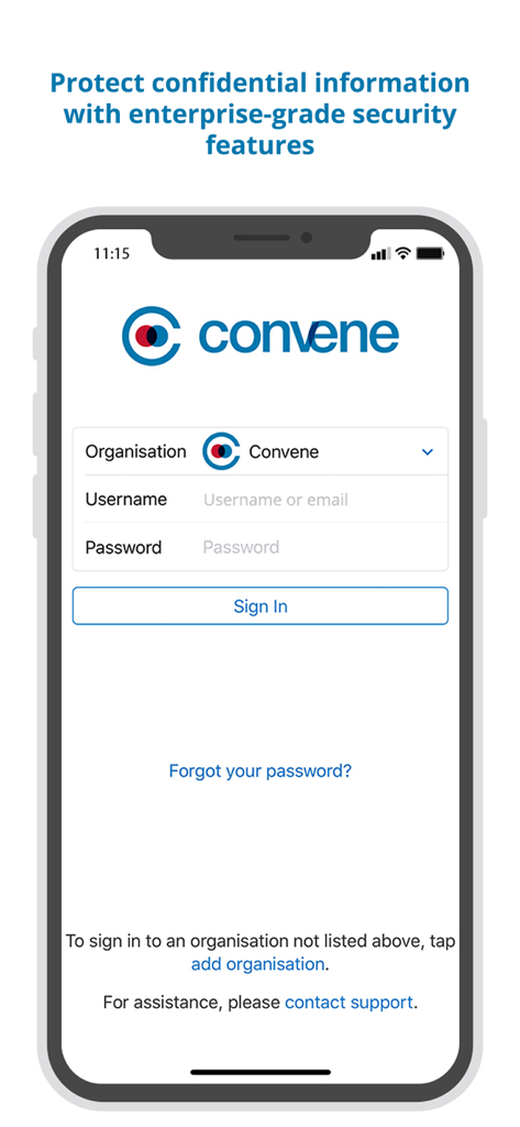 Secure login screen of the Azeus Convene mobile app for enterprise board management