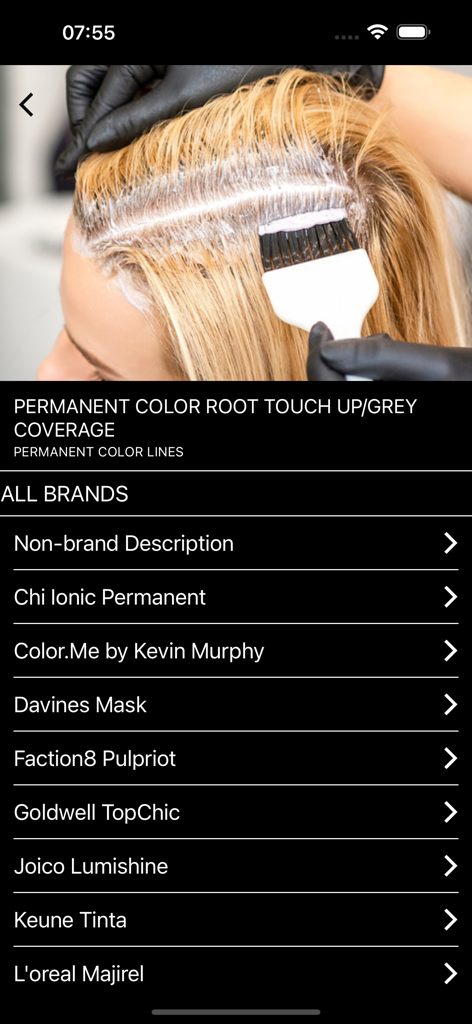 Color Coach Hair Formulation - A list of professional permanent hair color brands for root touch ups and grey coverage in the Color Coach app.