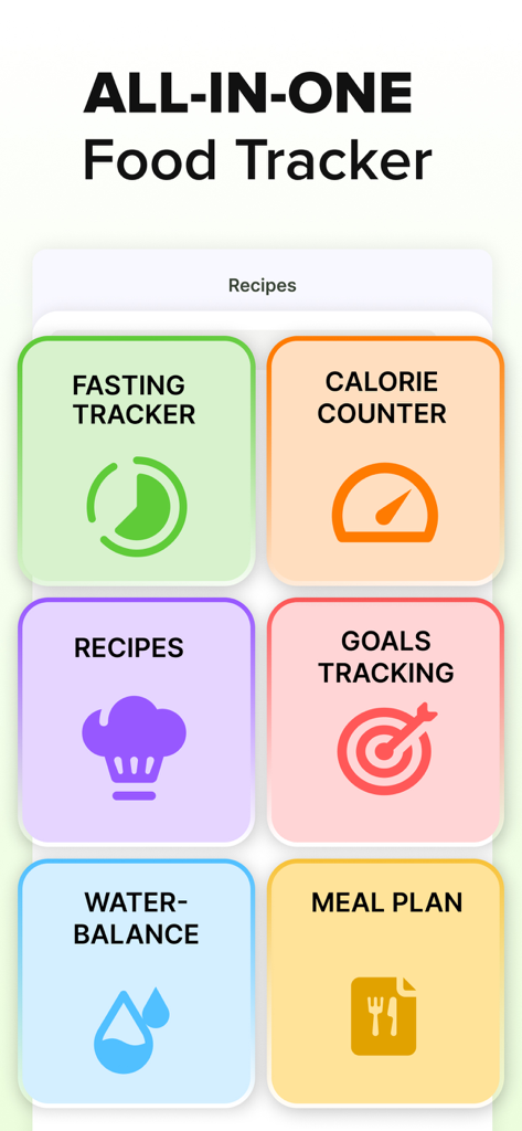 ‎Calorie Counter: Food Tracker - Interface do aplicativo Contador de Calorias exibindo categorias de rastreamento de saúde como rastreador de jejum, contador de calorias e planos de refeições
