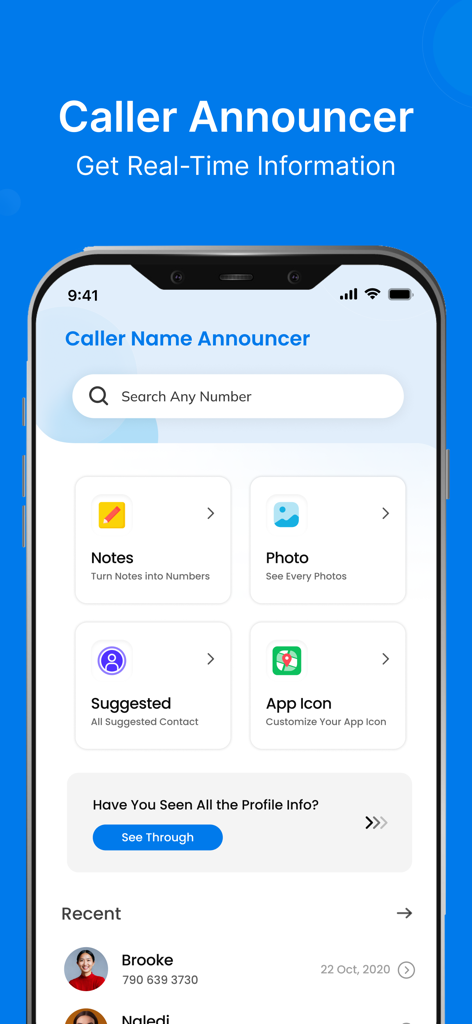 Caller Name Announcer App - Tela principal do Aplicativo Announcer de Nome de Chamada mostrando barra de pesquisa e acesso rápido a notas, fotos e contatos recentes