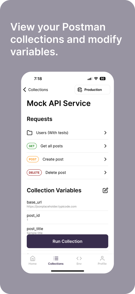 Interfaz de la aplicación móvil Cosmo que muestra colecciones de API de Postman y variables