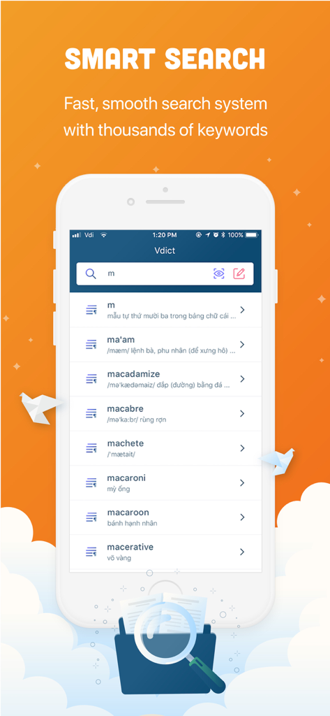 Pantalla de búsqueda inteligente de la aplicación VDict que muestra resultados de palabras y traducciones de inglés a vietnamita