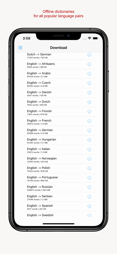 Schermata di download per dizionari di lingua offline nell'app Read and Learn Pro.