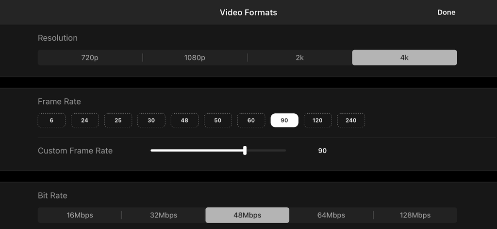 ProCam app settings screen for video resolution frame rate and bit rate manual controls