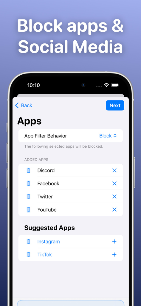 Ochi: Block Websites & Apps - Ochi app interface showing a list of social media apps to block for better focus