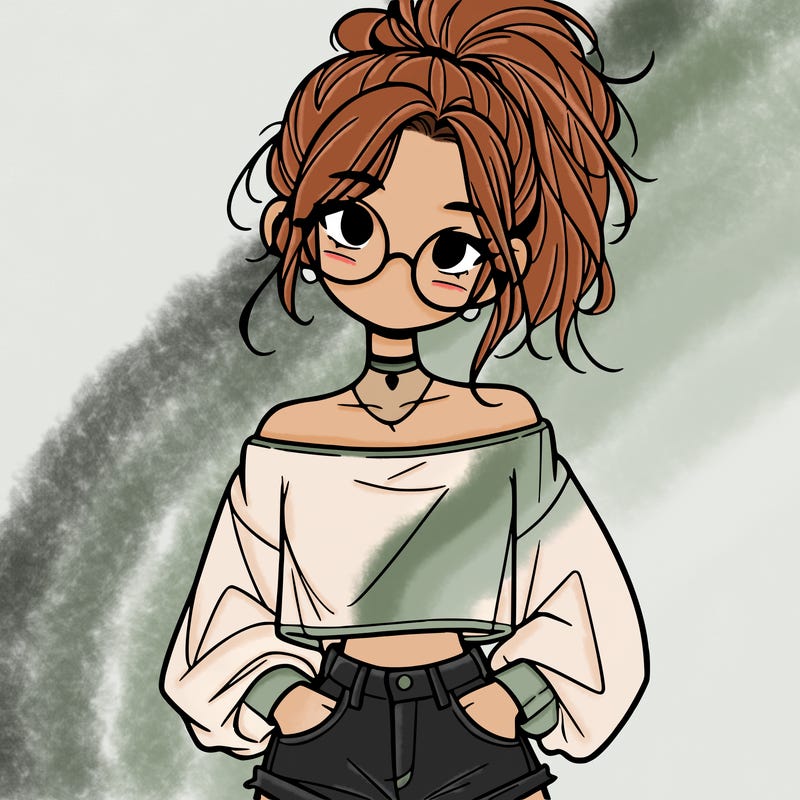 girl with a messy ponytail glasses a baggy crop top and jean shorts