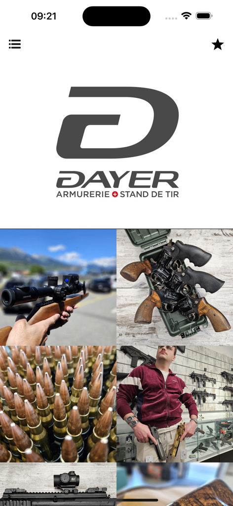 Interface de l'application DASA avec le logo Dayer et galerie d'images d'armes à feu