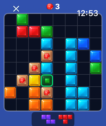 Block Blast:watch puzzle game! - Bloques de gemas coloridas en un juego de puzzle de cuadrícula de 8x8 para Apple Watch.