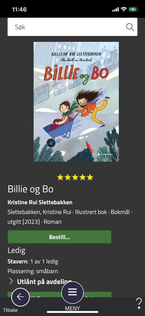 Screenshot of the Bibliofil library app showing details and a reservation button for the book Billie og Bo