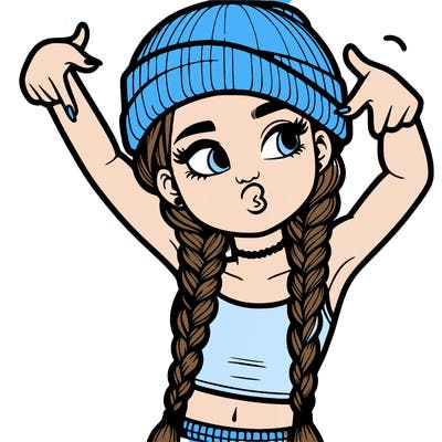 realistic teenage girl with braids and a beanie and crop top doing 🫶🏼