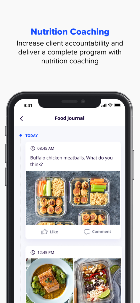 Everfit for Coach - Everfit for Coach app interface showing the Food Journal feature for nutrition coaching with client meal photos and interaction options