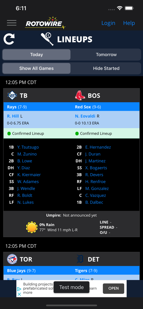 Compositions d'équipe confirmées de la MLB pour le match Rays contre Red Sox sur l'application de fantasy sports RotoWire