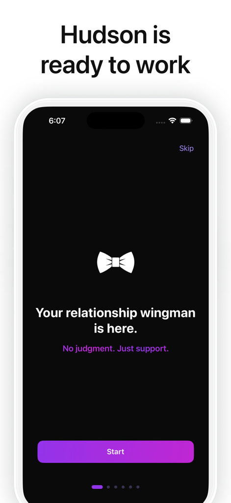 Hudson Relationship Assistant - Hudson Relationship Assistant app onboarding screen with a bow tie icon and the text Your relationship wingman is here