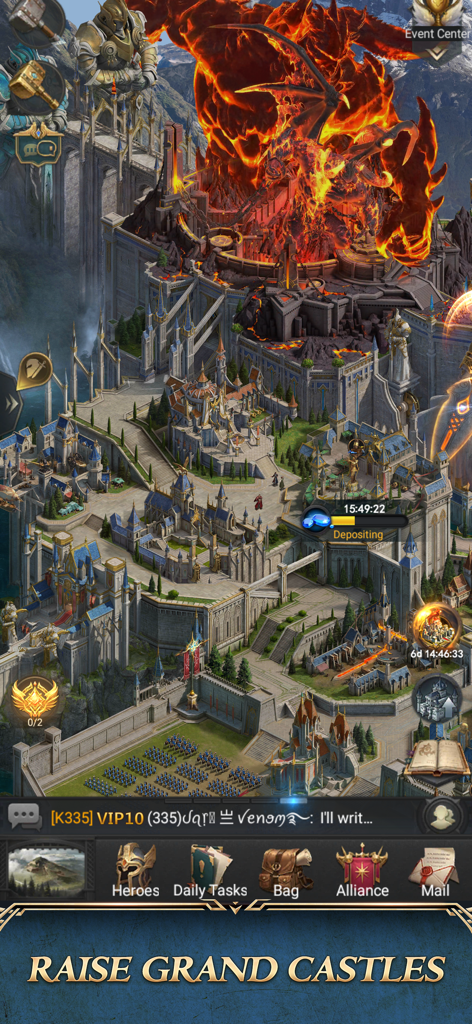 A screenshot of Rise of the Kings gameplay featuring a massive castle and a fire dragon